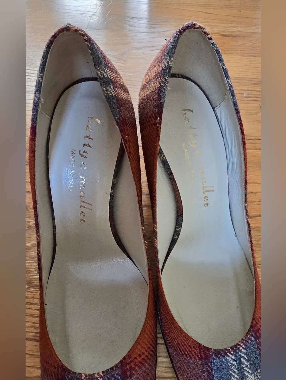 Bettye Muller Orange and Gray Plaid Block Heel Pumps - Picture 6 of 12